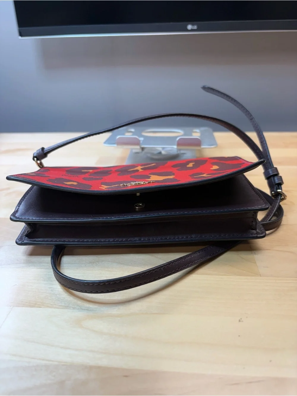 Coach Red Leopard Print Leather Crossbody Bag with Gold Logo